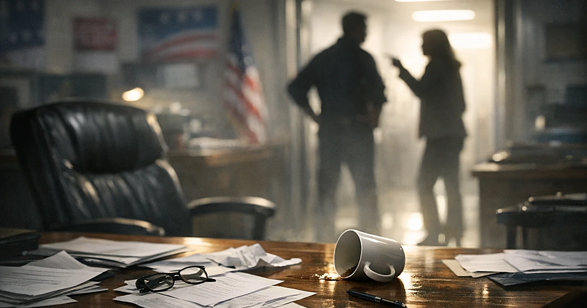 Empty campaign office desk with scattered papers and pushed-back chair, silhouetted figures in background doorway