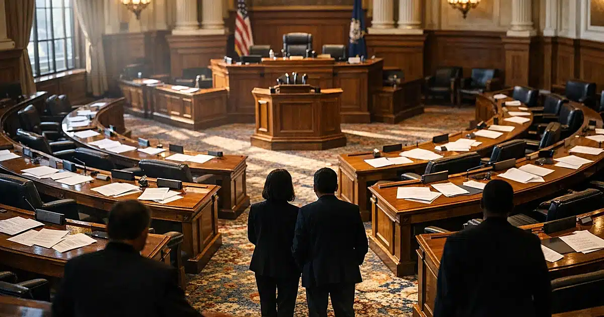 Empty legislative chamber with scattered papers on desks, afternoon light streaming through tall windows