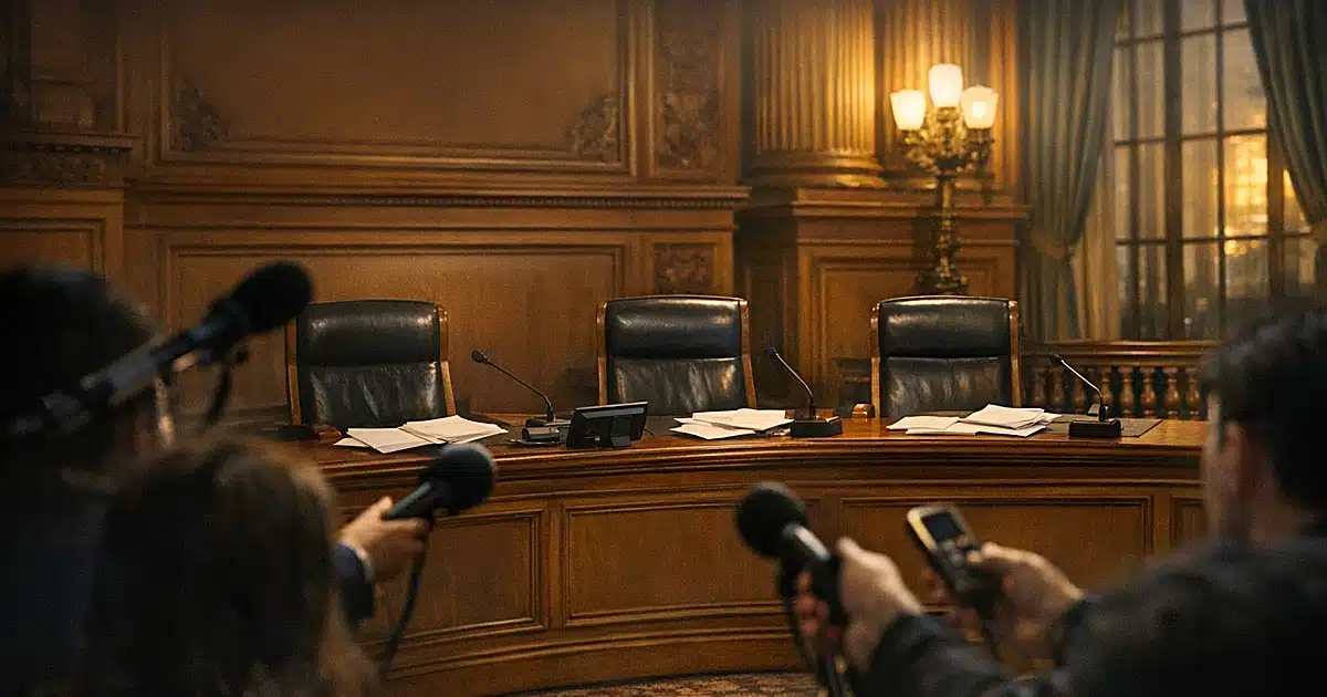 Empty San Francisco legislative chamber with three vacant seats and reporters' silhouettes reaching forward with microphones