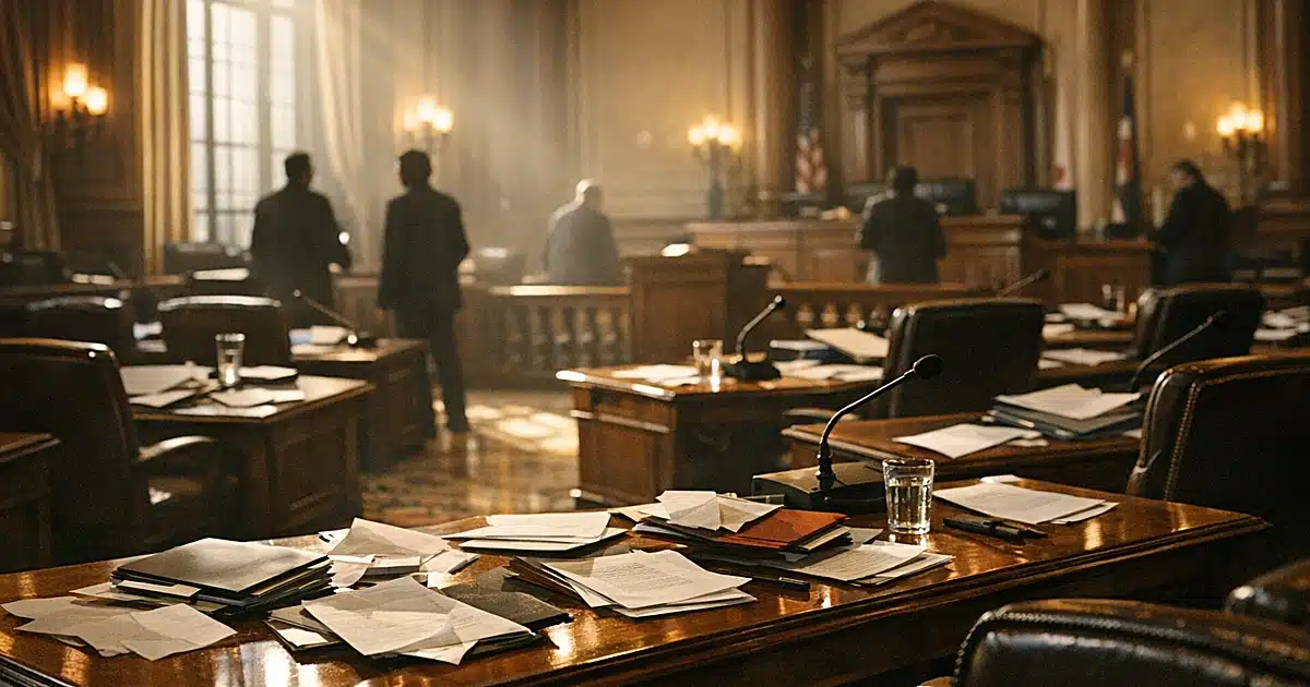 Empty legislative chamber with scattered papers on desks, dramatic window light casting shadows across marble floor