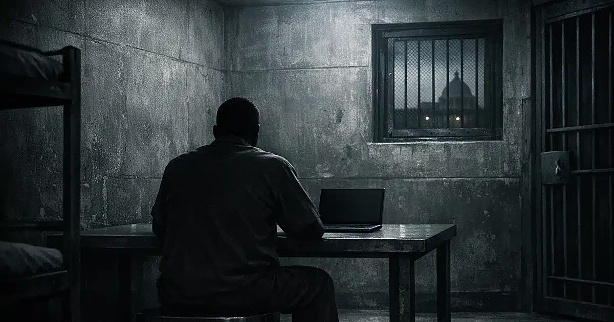 Person from behind sitting in detention cell with laptop, government building visible through window