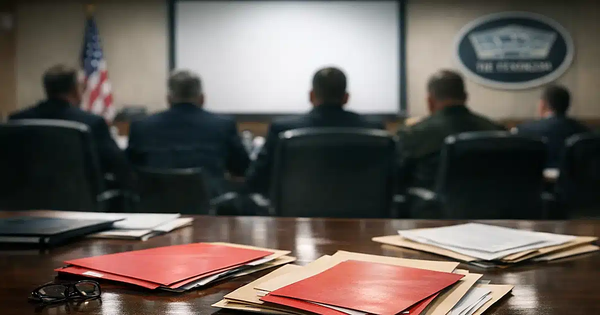 Pentagon briefing room with classified folders on table and silhouetted figures seated facing away from camera