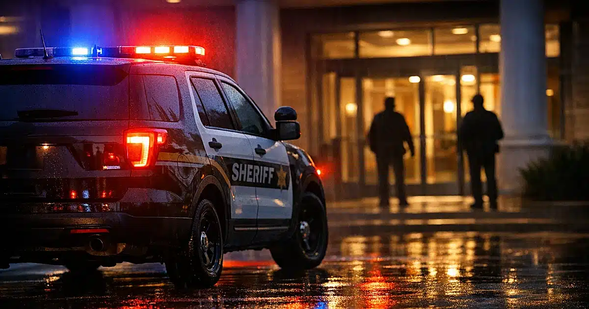 Sheriff patrol vehicle with flashing lights outside county government building at dusk