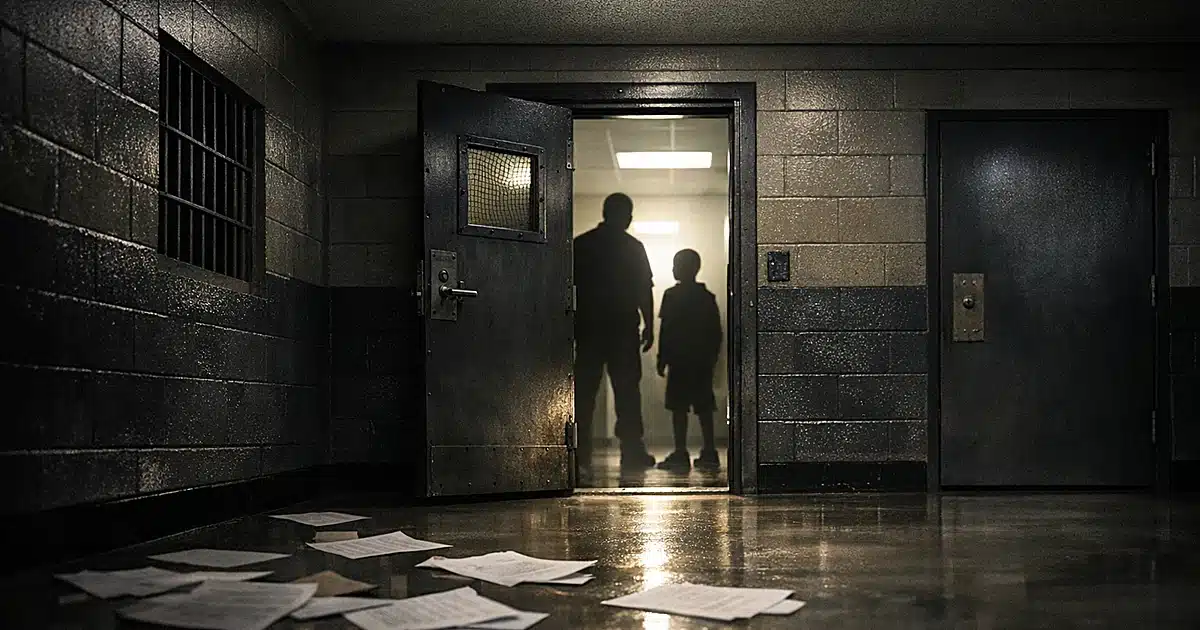 Juvenile detention facility corridor with open steel door and silhouetted figures in institutional lighting