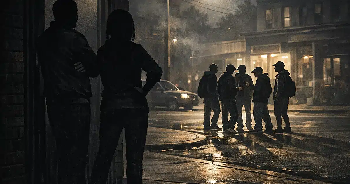 Silhouettes of teenagers gathering on street corner while adult figures watch from doorway in urban evening setting