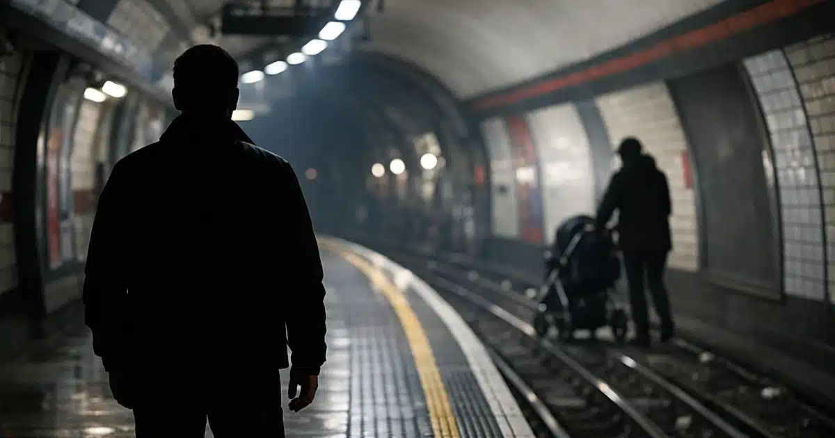 London Underground platform with silhouetted figures and stroller in dim fluorescent lighting
