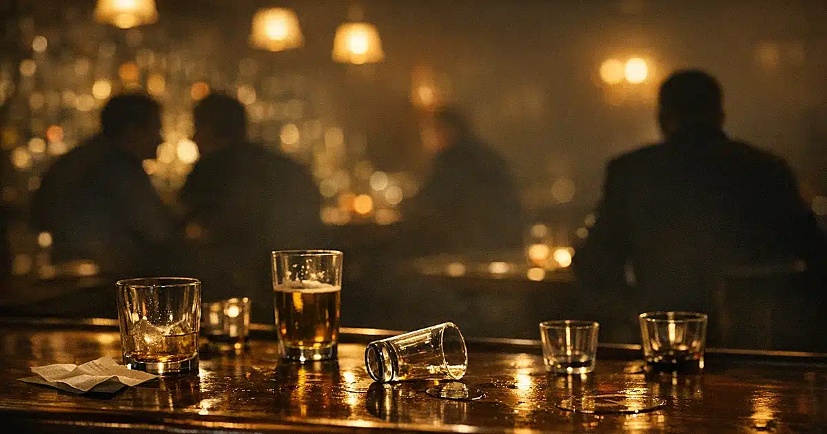 Interior of a dimly lit Washington DC bar with empty glasses on polished counter and silhouetted patrons in background