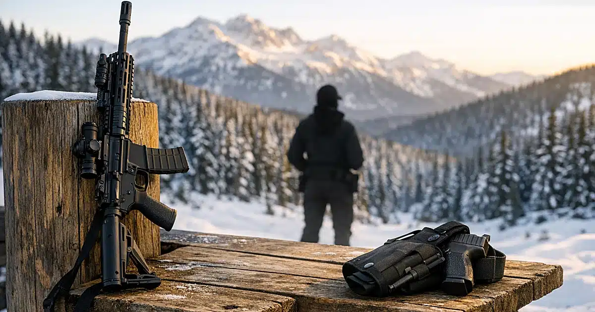 Rifle and tactical gear on shooting bench at snow-covered Pacific Northwest mountain training range