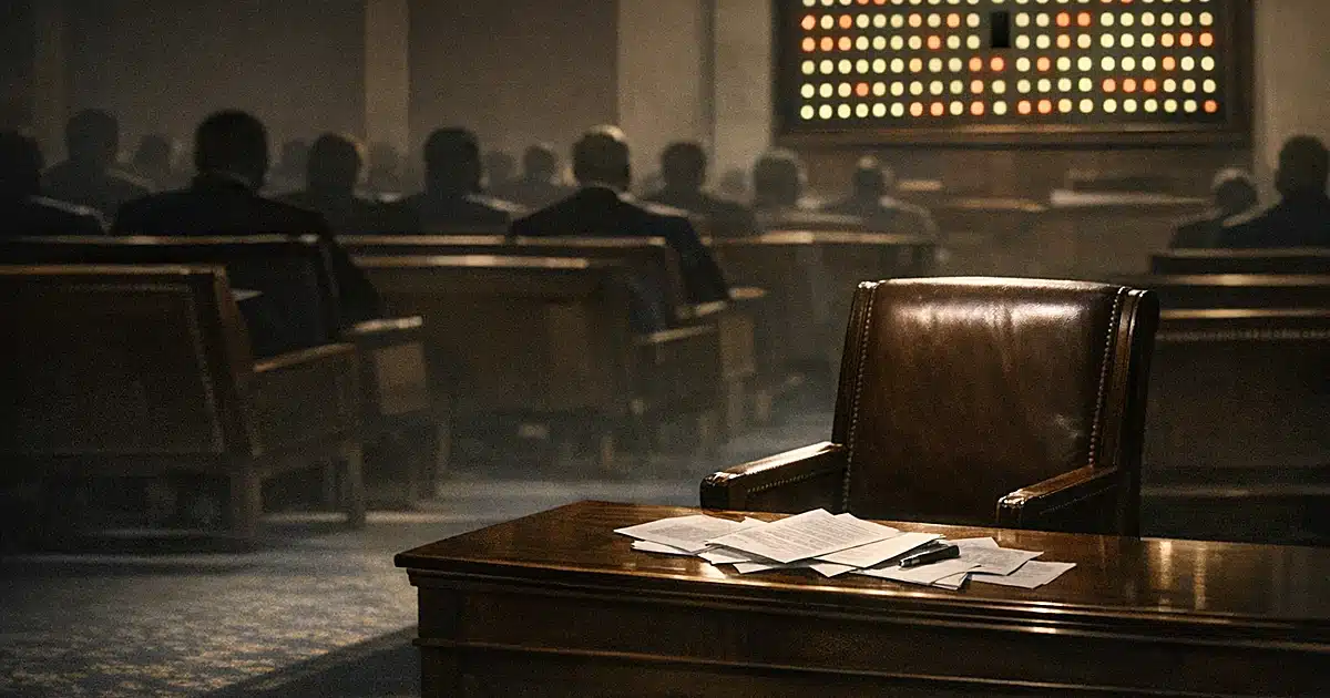 Empty congressional chair with shadow in chamber, surrounded by silhouettes, with voting board showing gap in pattern