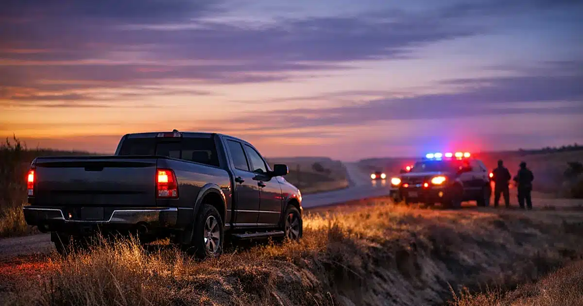 Abandoned pickup truck on remote Oklahoma highway shoulder at dusk with emergency lights reflecting off surface