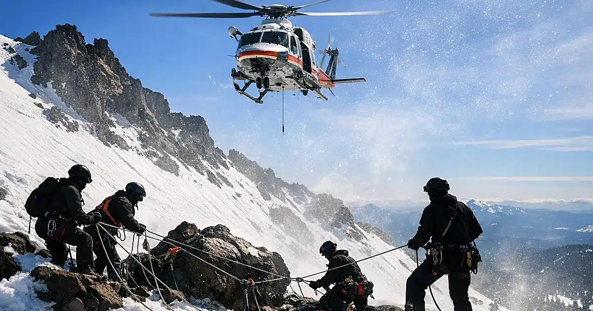 Rescue helicopter hovering over mountain rescue team working with rope systems on snowy alpine slope