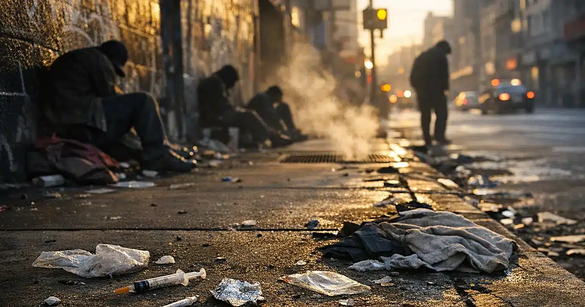 Littered urban sidewalk at dawn with debris and distant silhouettes against wall in San Francisco neighborhood