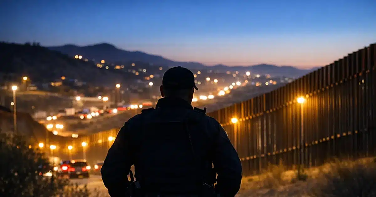 Law enforcement silhouette at illuminated U.S.-Mexico border fence near Nogales at night