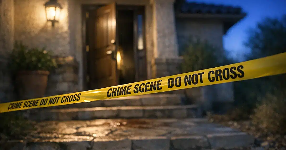 Crime scene tape across residential front porch entrance at dawn with stone walkway in sharp focus