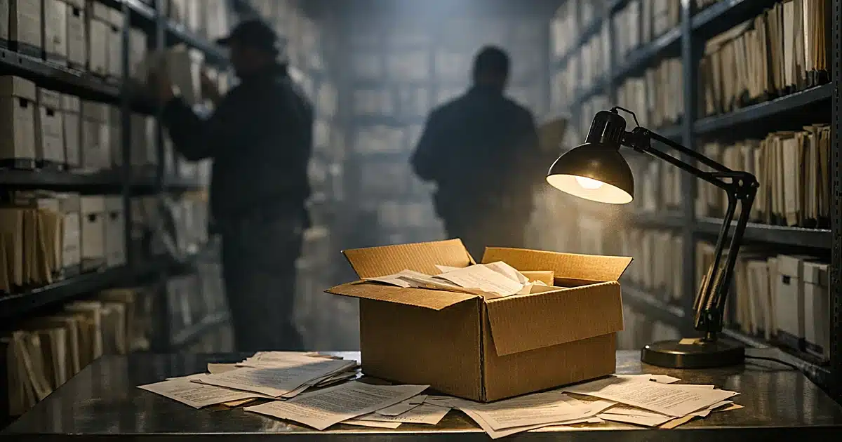 Evidence room with thousands of archived boxes on metal shelves, single open box under lamp on examination table