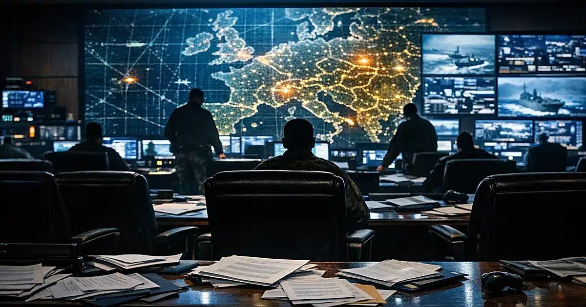 Empty Pentagon briefing room with scattered papers and illuminated tactical displays on wall screens