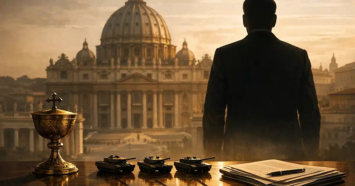 Silhouetted diplomat faces Vatican-style basilica with military tanks and religious items on table in foreground