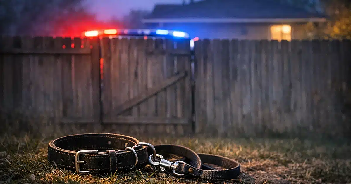 Empty dog collar on grass in backyard with police lights reflecting on fence at dusk
