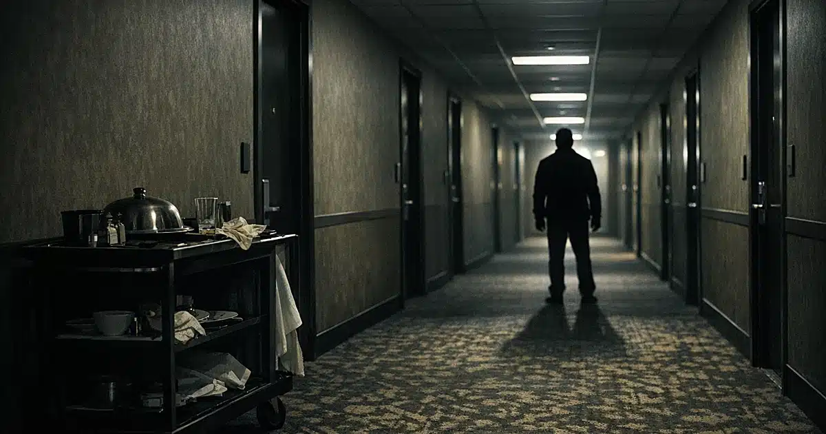 Empty hotel hallway with silhouetted figure standing alone under fluorescent lights with room service cart nearby