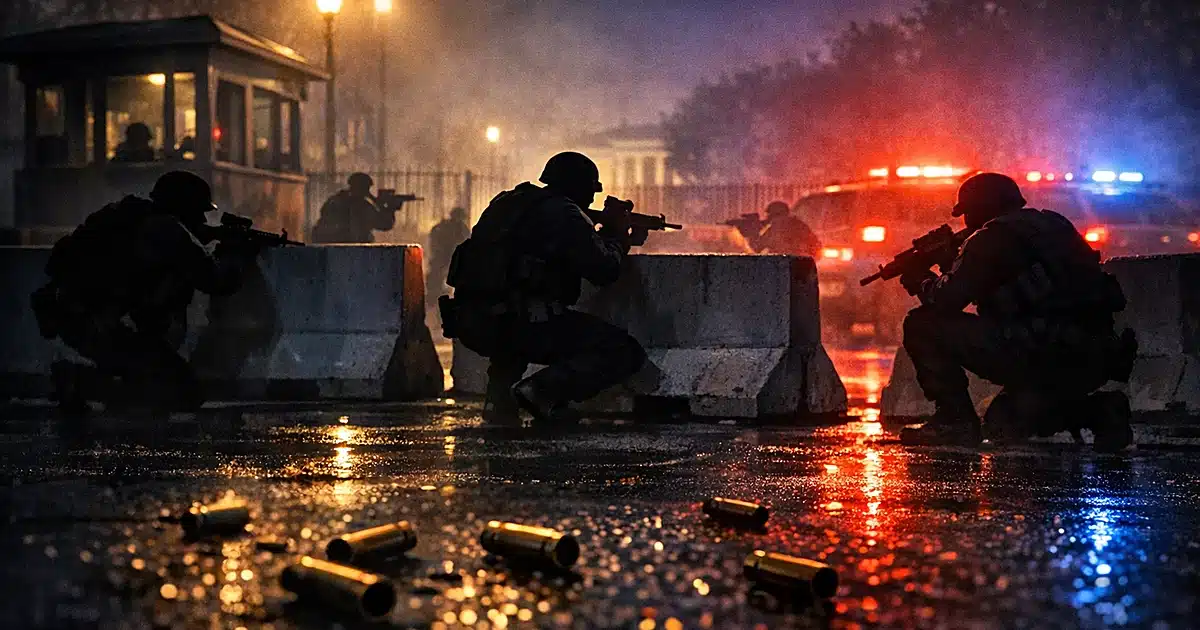 Security checkpoint at night with officers in defensive positions behind barriers, emergency lights illuminating scene