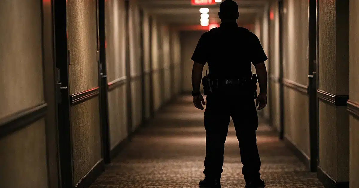 Silhouetted security officer standing alone in dimly lit hotel hallway at night with emergency lighting