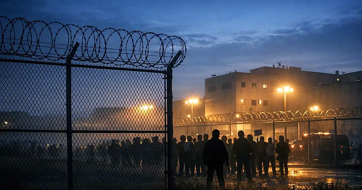 Federal detention facility exterior with razor wire fence and crowd silhouettes at dusk with security lighting