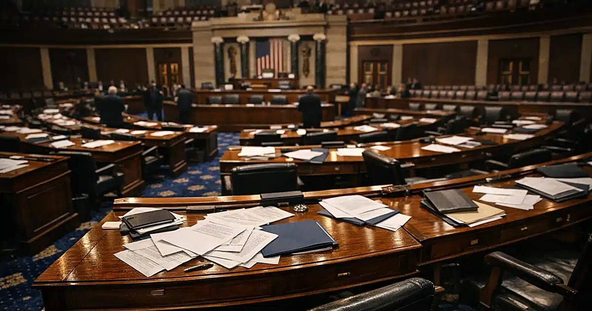 Interior view of Senate chamber with scattered papers on desks after legislative session
