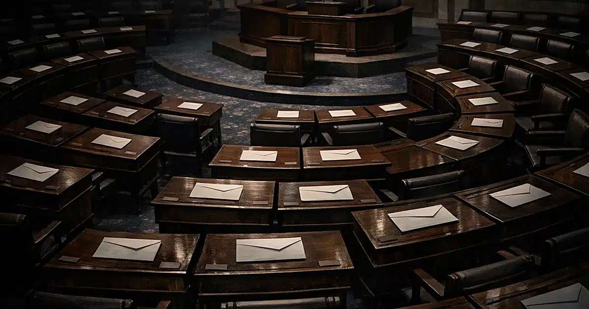 Overhead view of empty Senate chamber with paychecks placed on desks in dim lighting