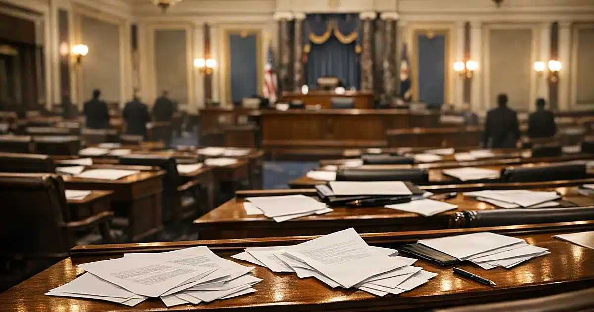 Empty Senate chamber with scattered papers on wooden desks under warm overhead lighting