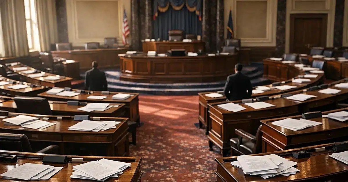 Interior of Senate chamber with empty desks and scattered papers after legislative session