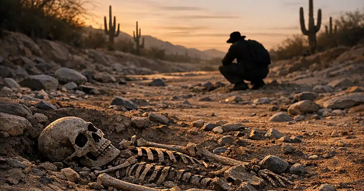 Ancient skeleton in Arizona desert riverbed with silhouetted figure examining site at dusk among cacti