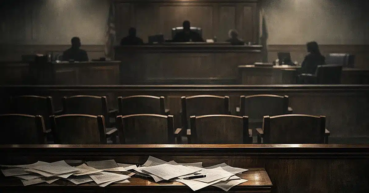 Empty jury box with scattered papers in a courtroom, viewed from behind the vacant chairs with dramatic lighting