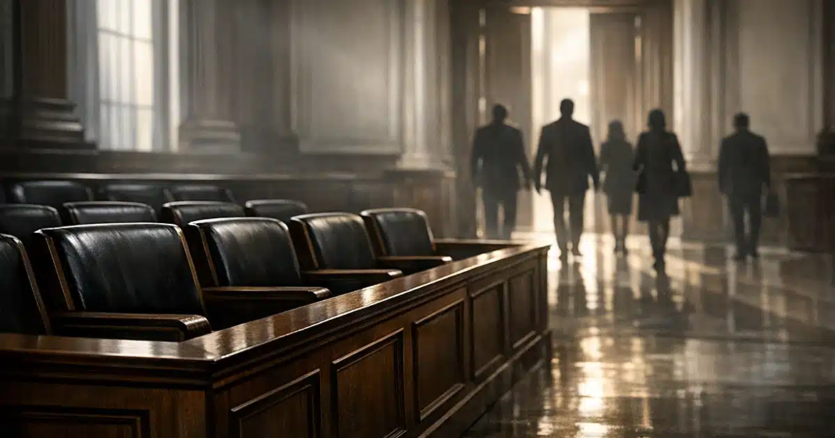 Empty jury box in courthouse with silhouetted figures leaving through columned doorway in dramatic lighting