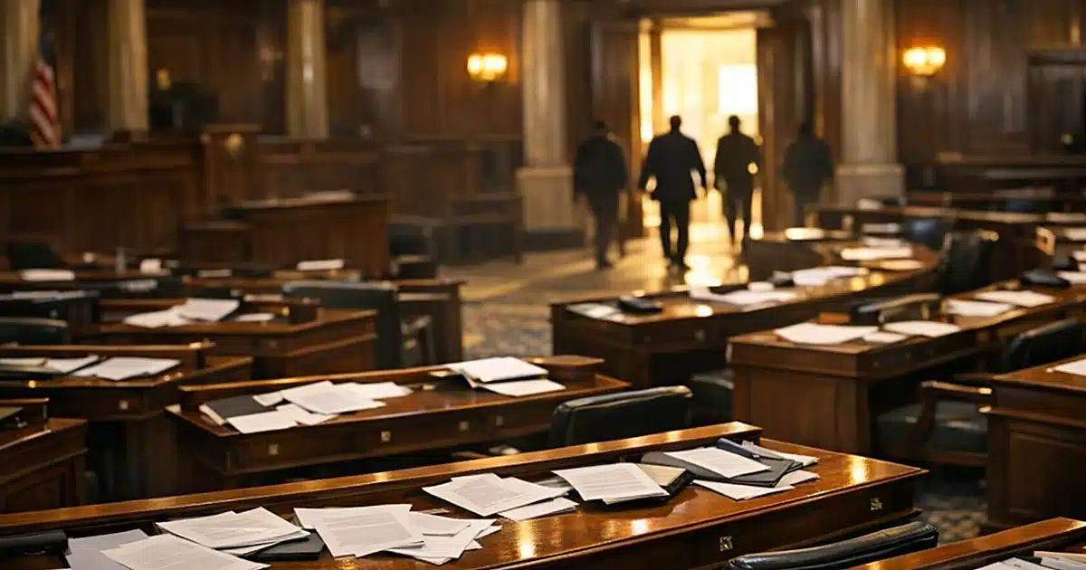 Empty state legislative chamber with scattered papers on desks and silhouetted figures exiting through doorways