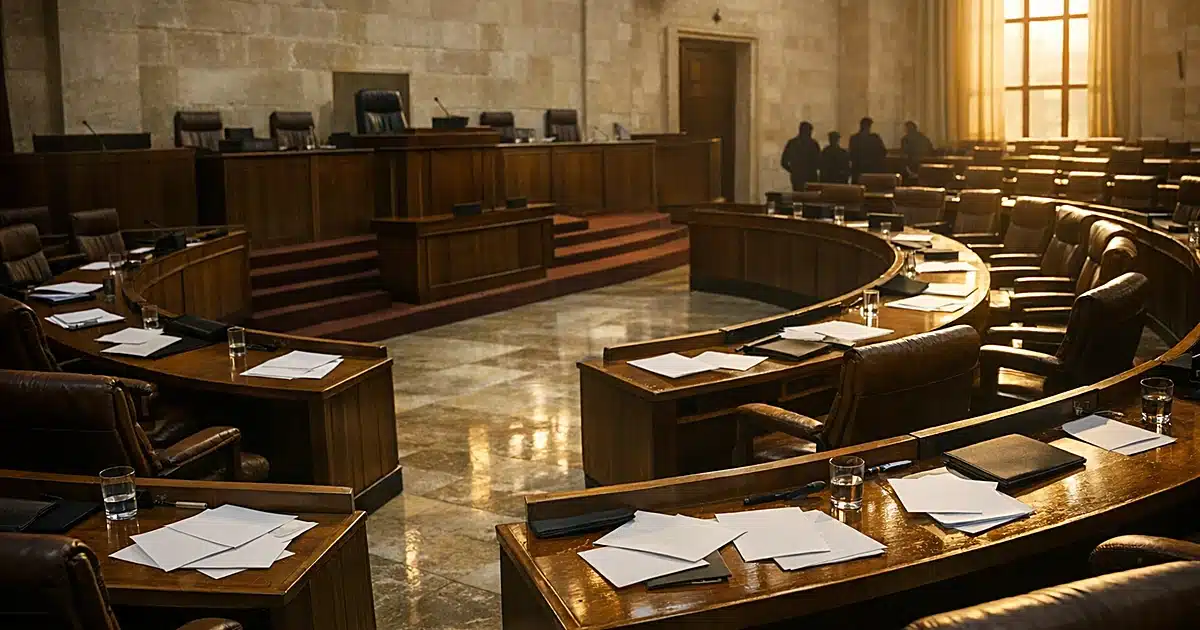 Empty regional parliamentary chamber with curved rows of desks and scattered papers in afternoon light