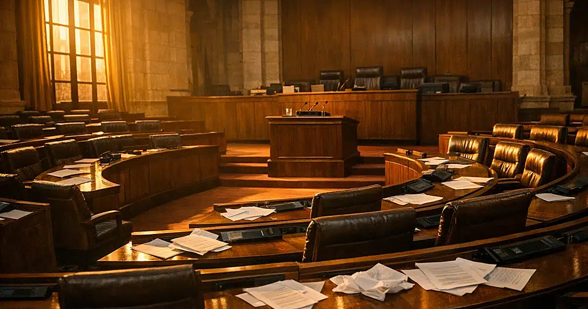 Empty legislative chamber with vacant seats and abandoned podium at dusk with dramatic natural lighting
