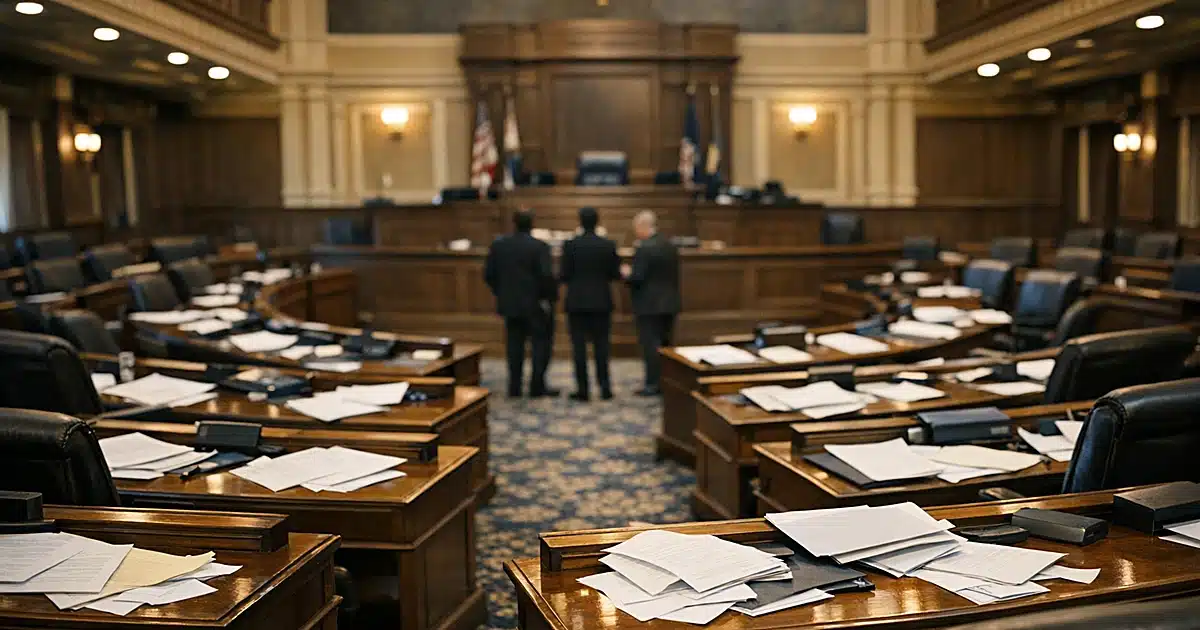 Empty state legislative chamber with scattered papers on desks after contentious session