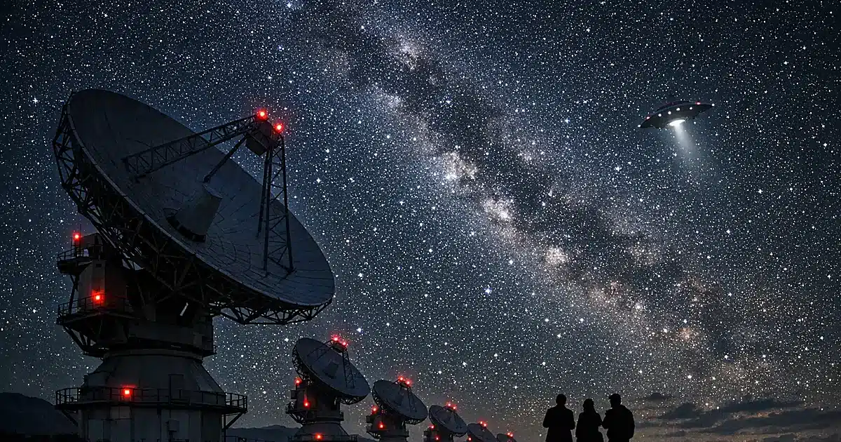 Radio telescope array pointed at starry night sky in wide environmental shot