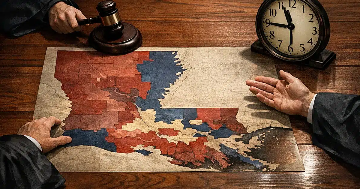 Hands in judicial robes reaching over Louisiana congressional district map with gavel and clock on table