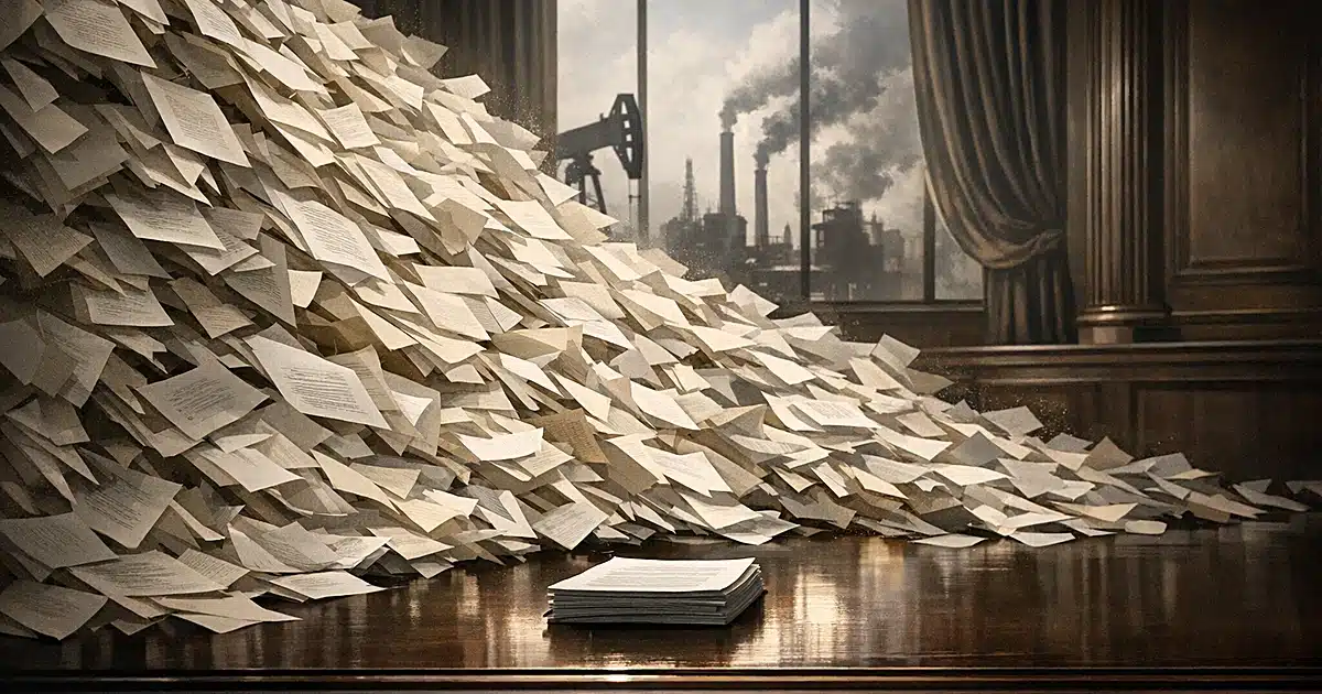 Avalanche of paper briefs flooding down onto a single document on a table with oil derricks visible through windows