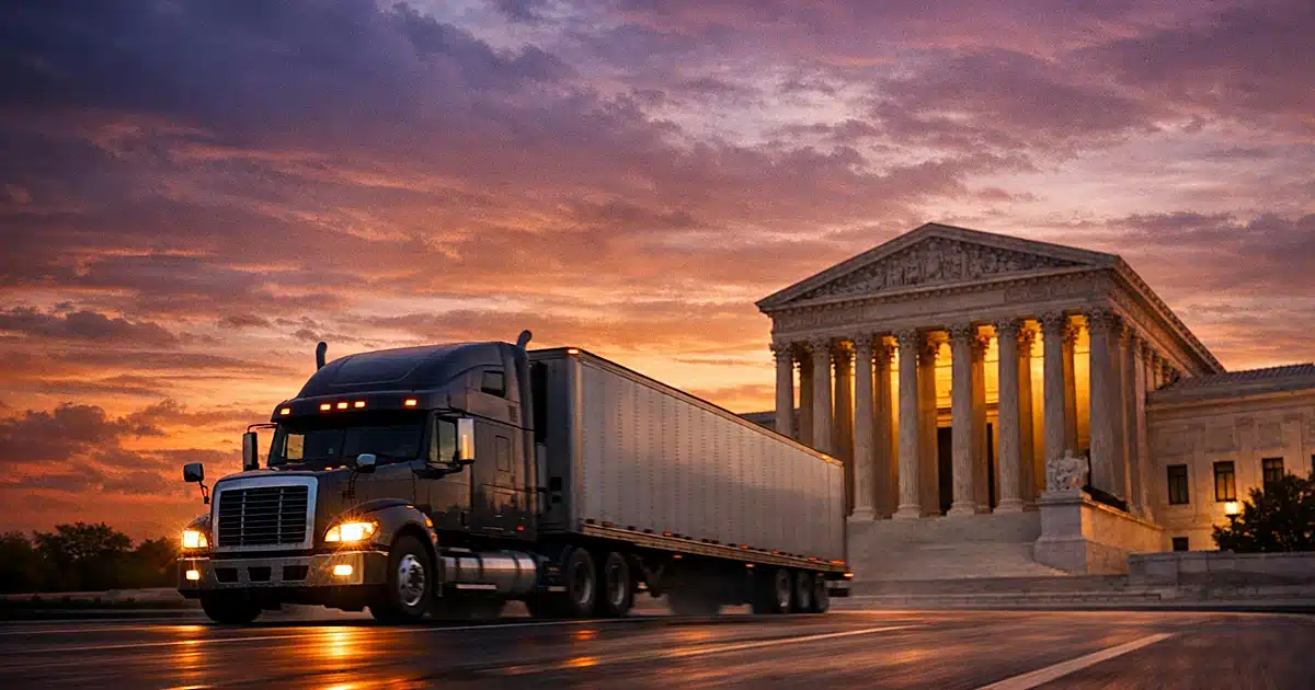 Large commercial semi-truck on highway at dusk with Supreme Court columns silhouetted in background