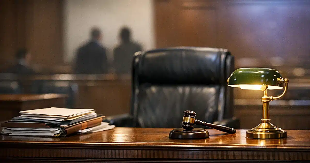 Empty federal courtroom judge's bench with legal documents and brass lamp, gallery seating blurred in background