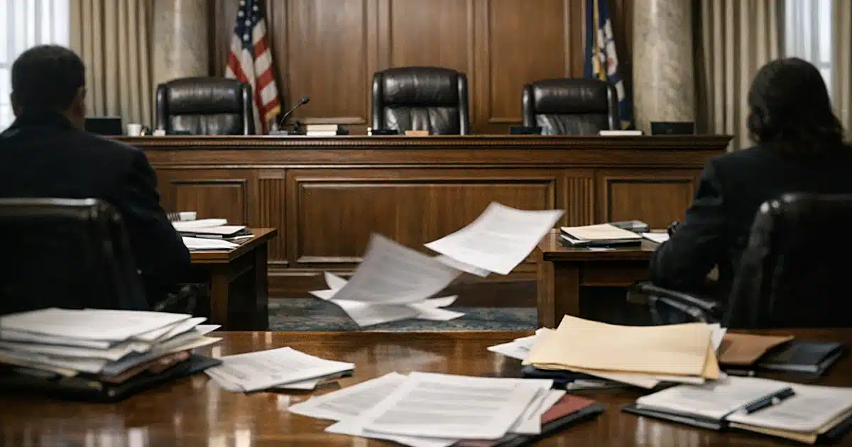 Empty federal courtroom bench with scattered legal documents on tables in foreground