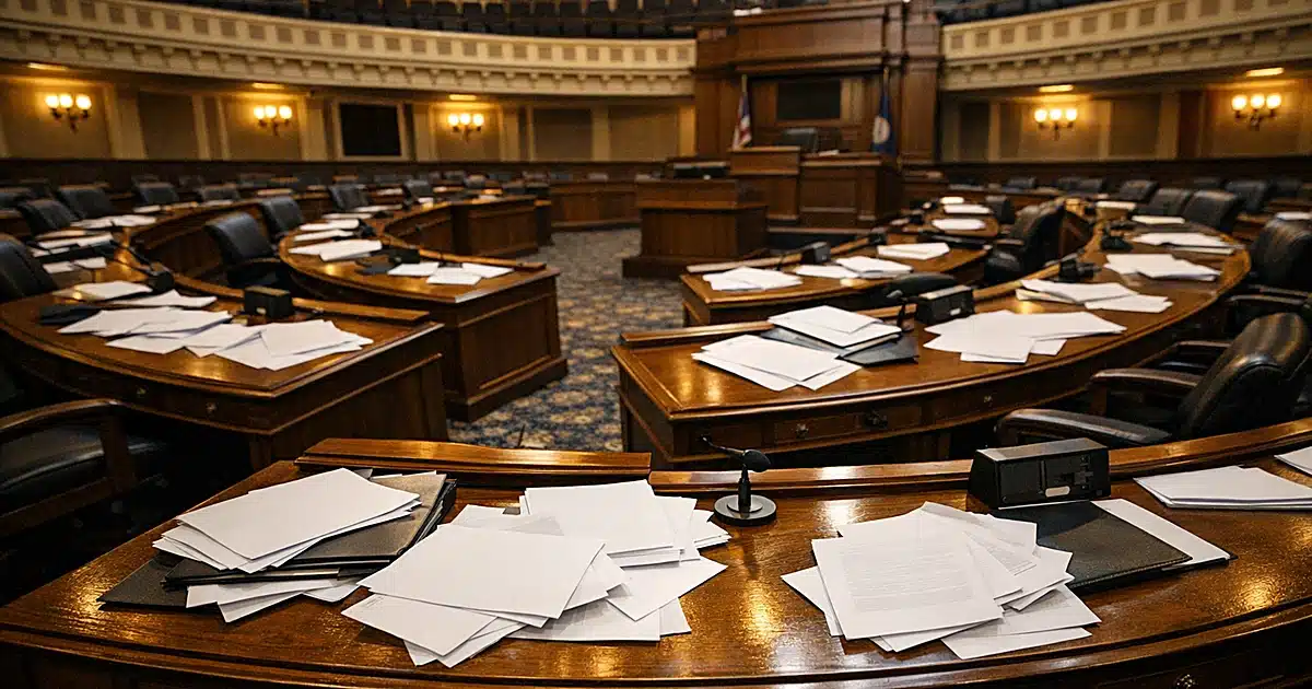 Empty state legislative chamber with scattered papers across wooden desks under warm overhead lighting