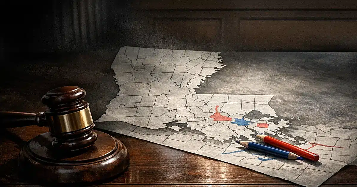 Gavel on bench with Louisiana map and colored pencils showing redistricting process in dramatic lighting