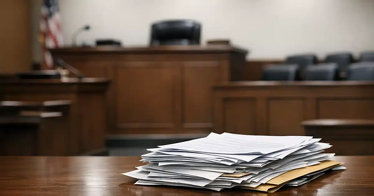 Empty courtroom interior showing judicial bench, witness stand, and legal documents on table
