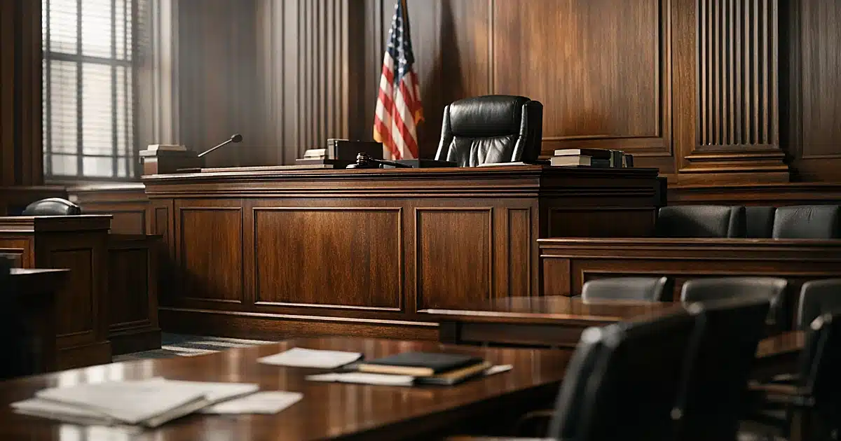 Empty federal courtroom interior with judicial bench and witness stand in dramatic natural lighting