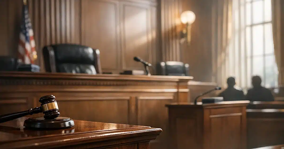 Empty federal courtroom bench with afternoon light streaming through windows, judicial chamber interior