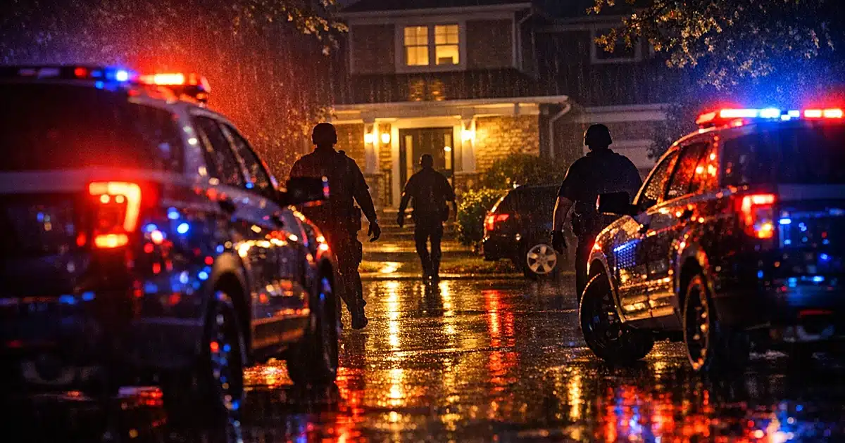 Police vehicles with flashing emergency lights on a residential street at night during a response call