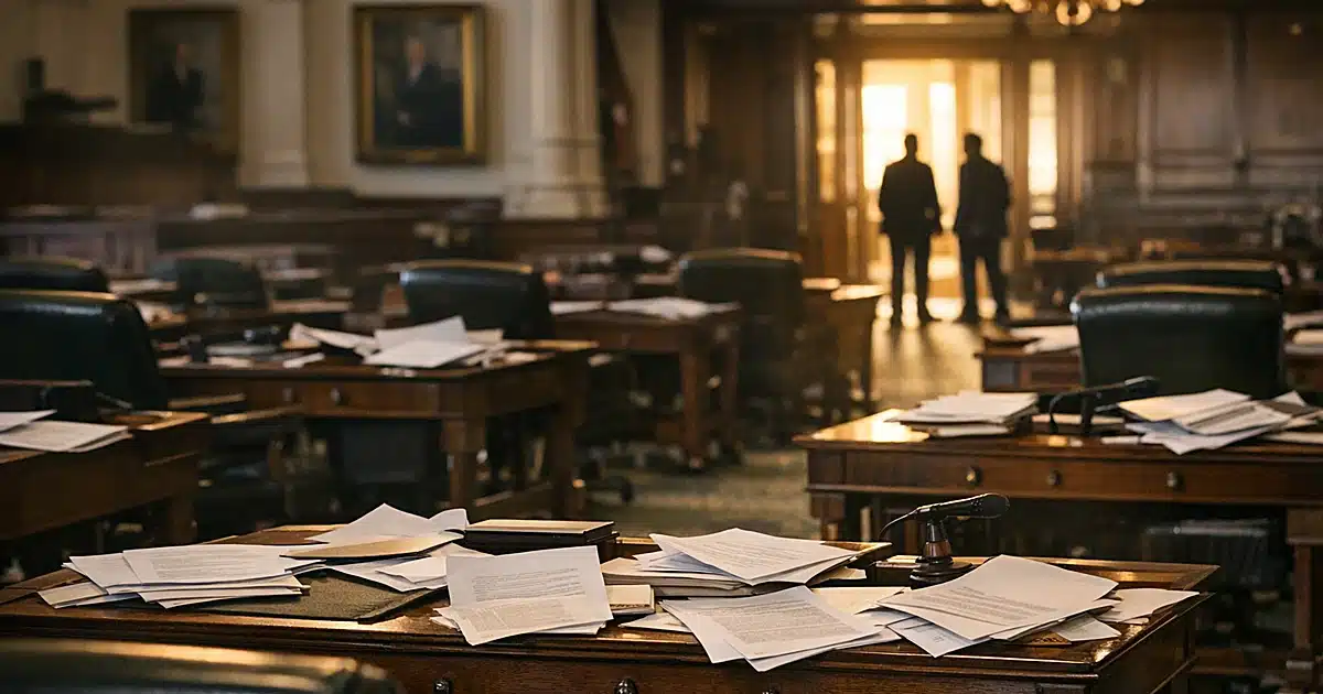 Empty Texas legislative chamber with scattered papers on desks and silhouetted figures in background